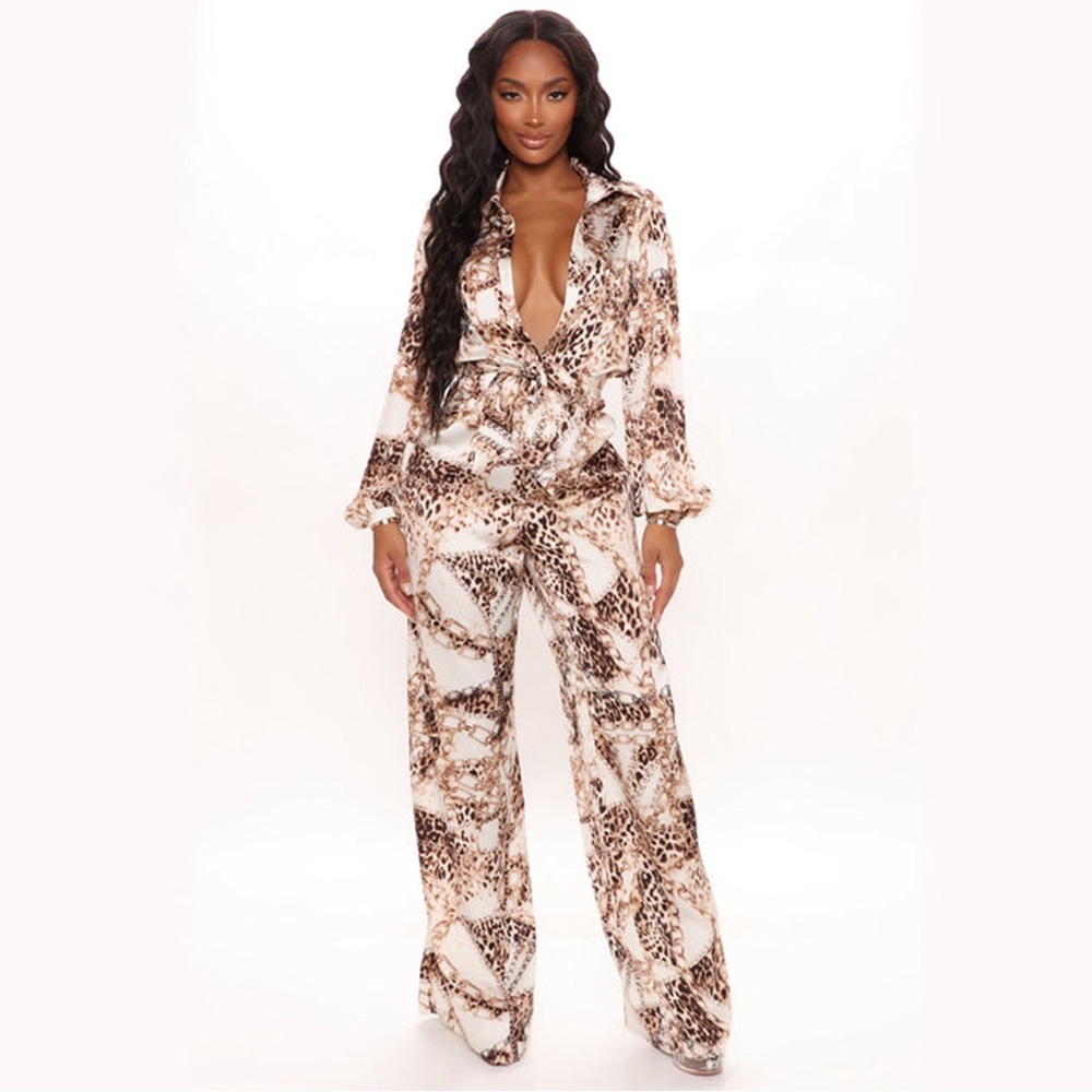 NWT Fashion Nova US S Leilah Satin Jumpsuit - Brown/Combo